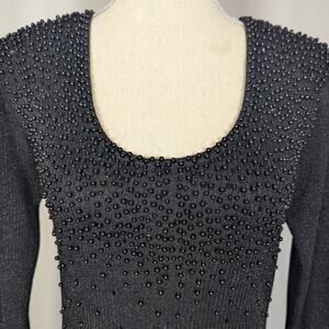 Y2K Cache Scoop Neck Rib Knit Beaded Metallic Sweater Black
